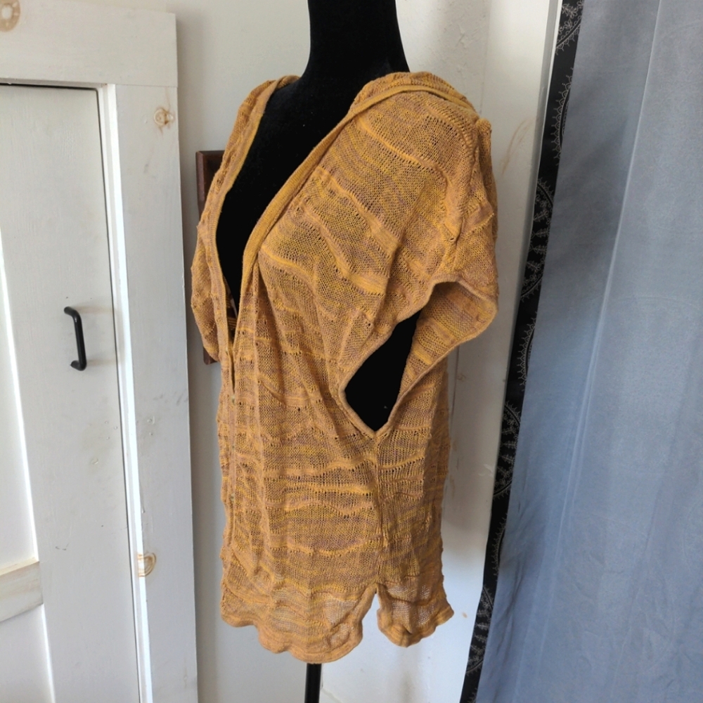 Moth Brown Yellow Boho Striped Button Knit Hood Cardigan Short Sleeve Anthro Med